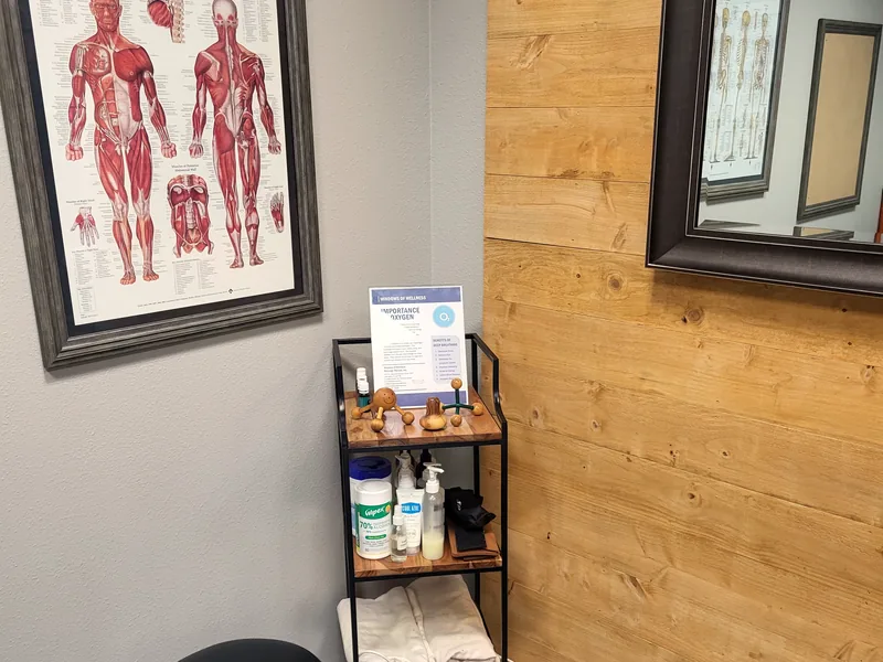 Muscular system chart beside the cedar accent wall and treatment supply cart in Lake Mary, FL