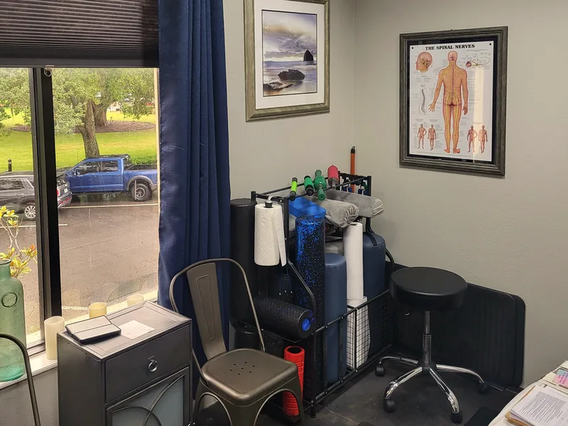 Street window, foam rollers, bands and mobility equipment in the treatment room, Lake Mary, FL